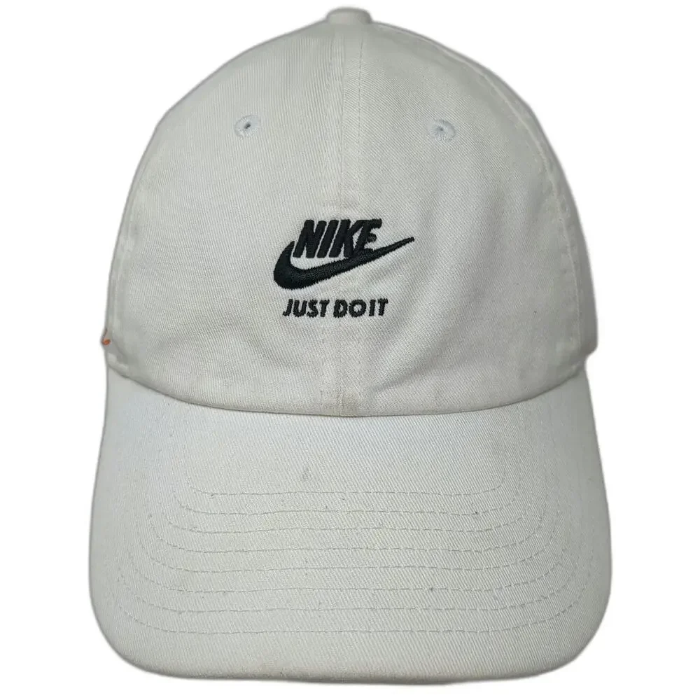 Nike Baseball Cap White OSFM Just Do It Swoosh Safety Pins Slideback Hat Cotton